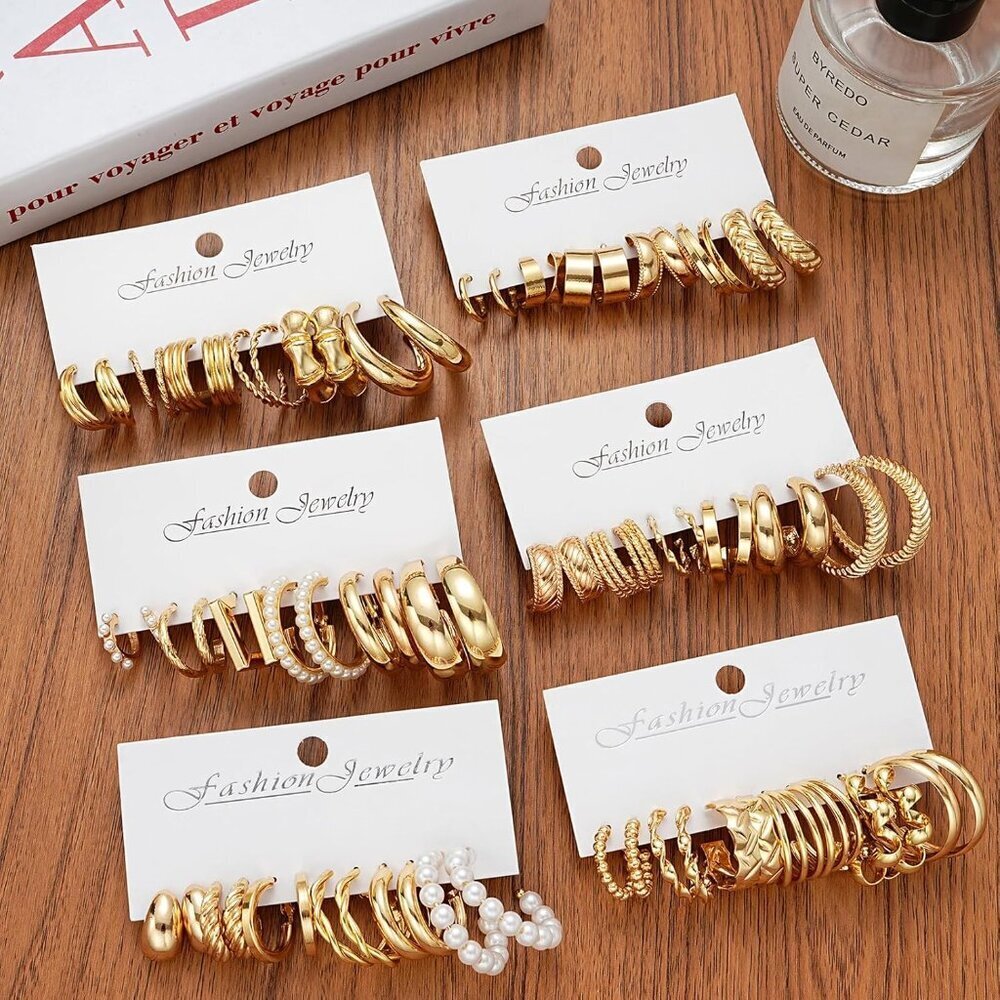 Gold Hoop Earrings Set 36 Pairs Mix of Sizes and Styles Hypoallergenic Jewelry - Picture 6 of 9